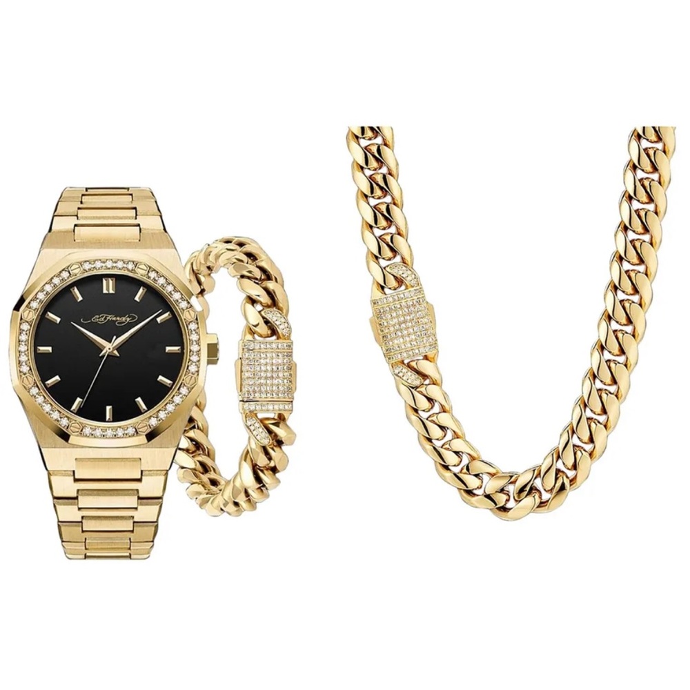Ed Hardy Men's Shiny Gold Metal Alloy Bracelet Watch 42mm Gift Set